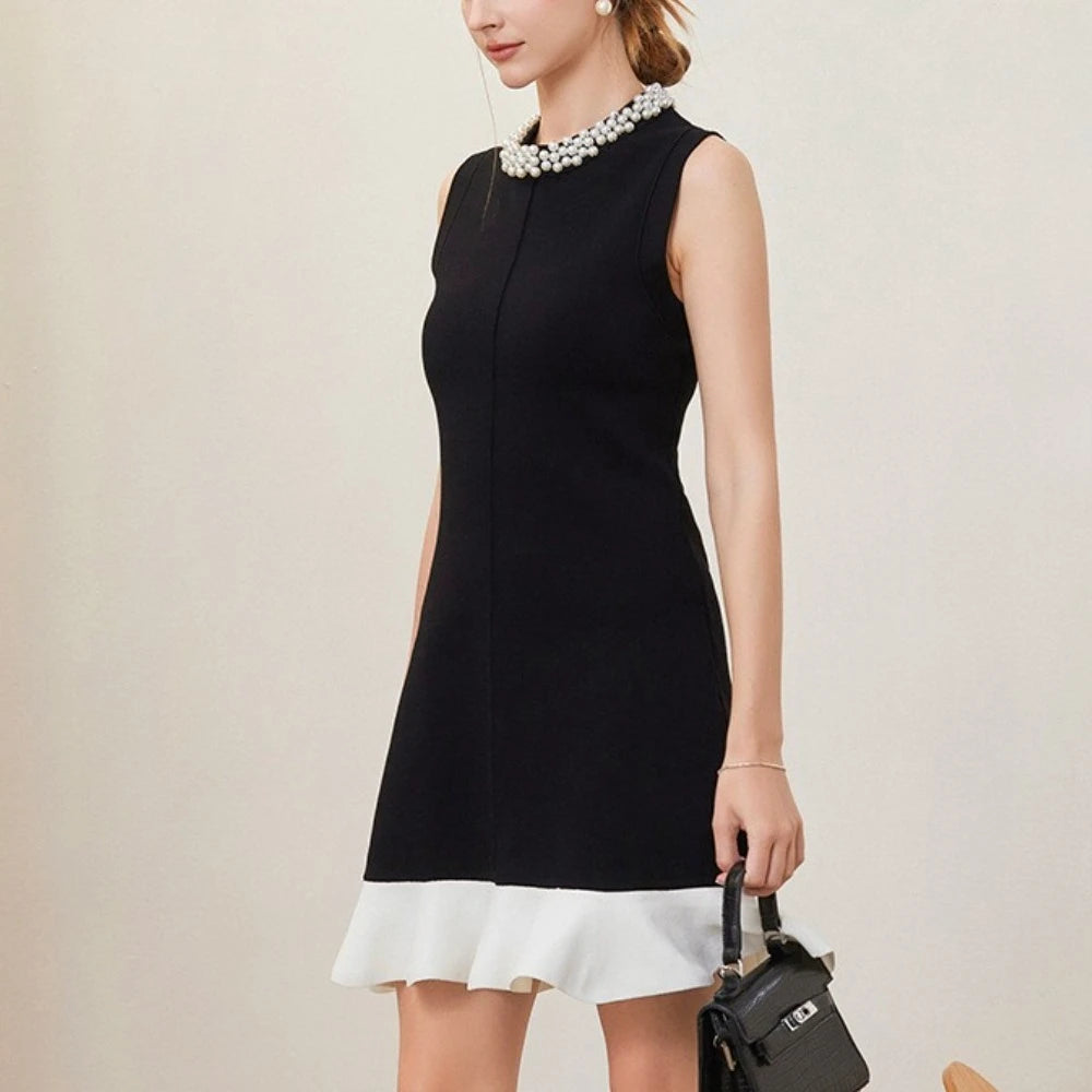 TWOTWINSTYLE Hit Color Slimming Spliced Bead Elegant Mini Dresses for Women Round Neck Sleeveless Patchwork Ruffles Dress Female