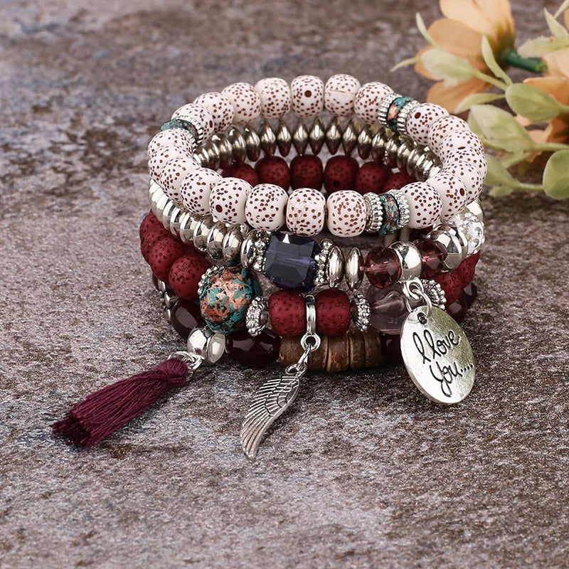 4Pcs Bohemian Women Pink Tassel Bracelet Set For Female I Love You Feather Round Charm Beads Chain Bangle Fashion Party Jewelry
