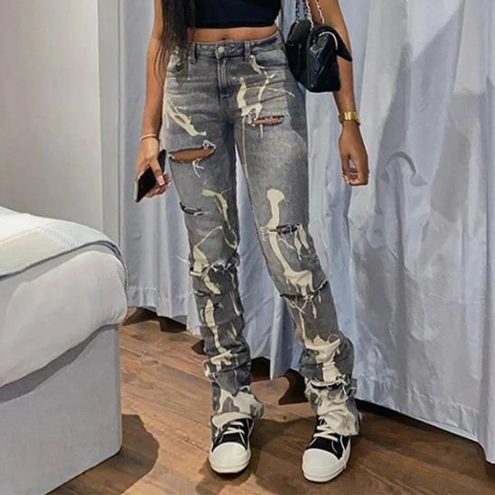 Y2K Retro Sifreyr Ripped Hole Jeans Women Fashion Print High Waist Skinny Stacked Denim Pants Grey Streetwear Elastic Trousers GRAY