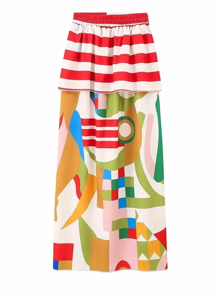 TRAF Print Skirts Women Summer Midi Skirt Ruffle Dress Elastic Waist Skirts Luxury Elegant Women's Skirts Aesthetic Skirts MULTI