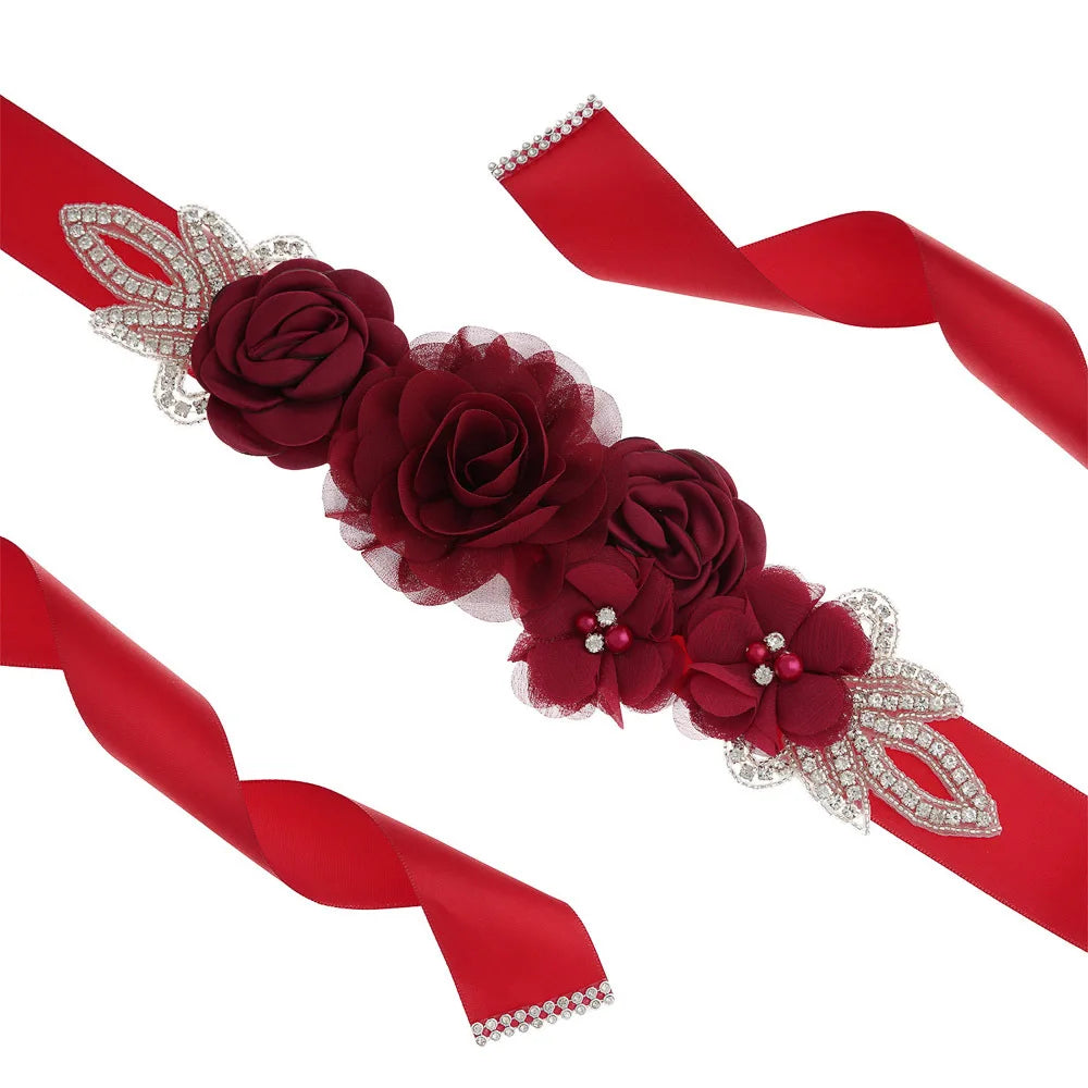 Wedding Accessories Bridal Belts Satin Flower Sash Woman Girl Belts Flower Bead Belts Floral Belt Wedding Rhinestone Flower Belt 1-Burgundy