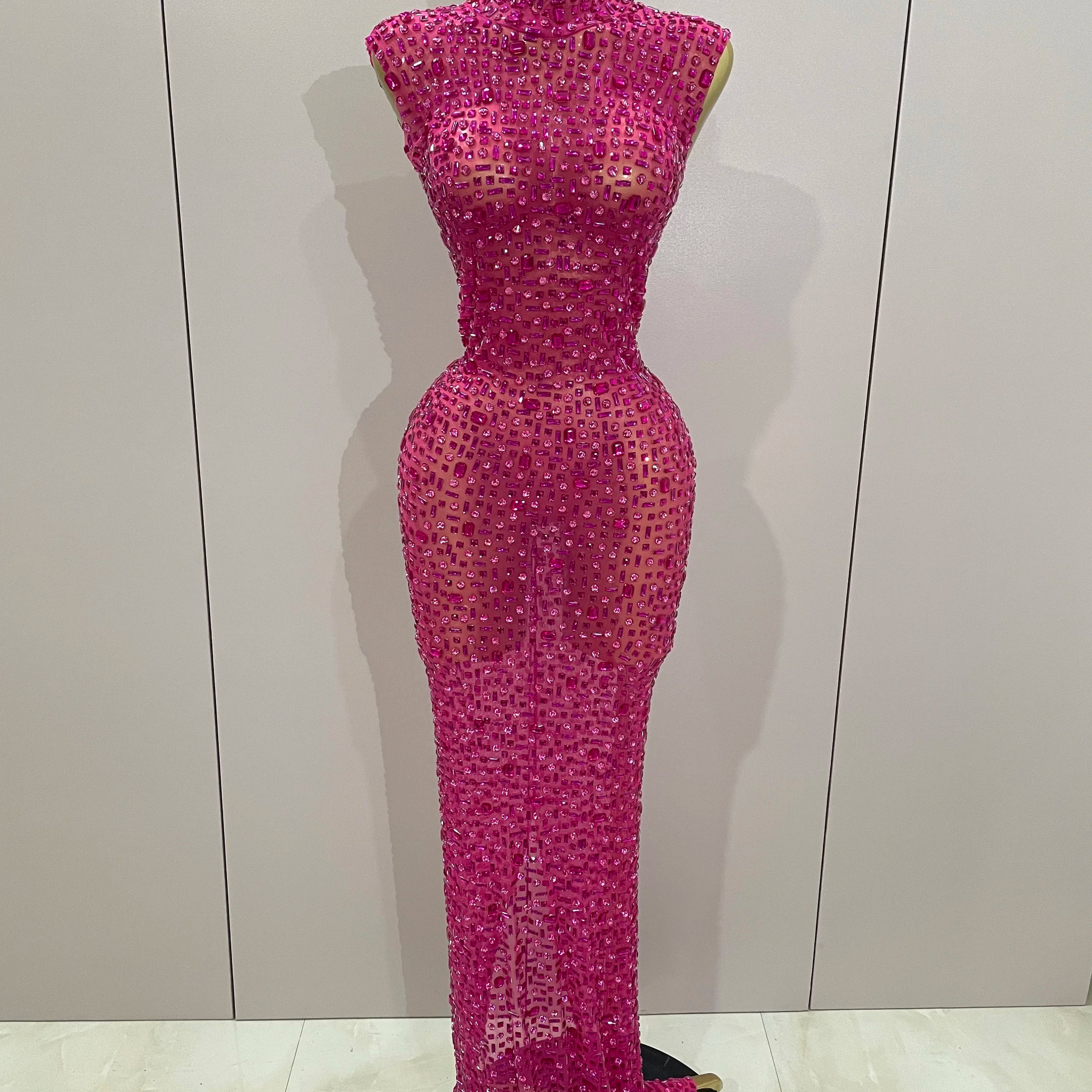 Sexy Sparkly Crystal Diamonds Mesh See Through Long Dress 2025 New Women Elegant Party Costume Singer Stage Performance Outfit