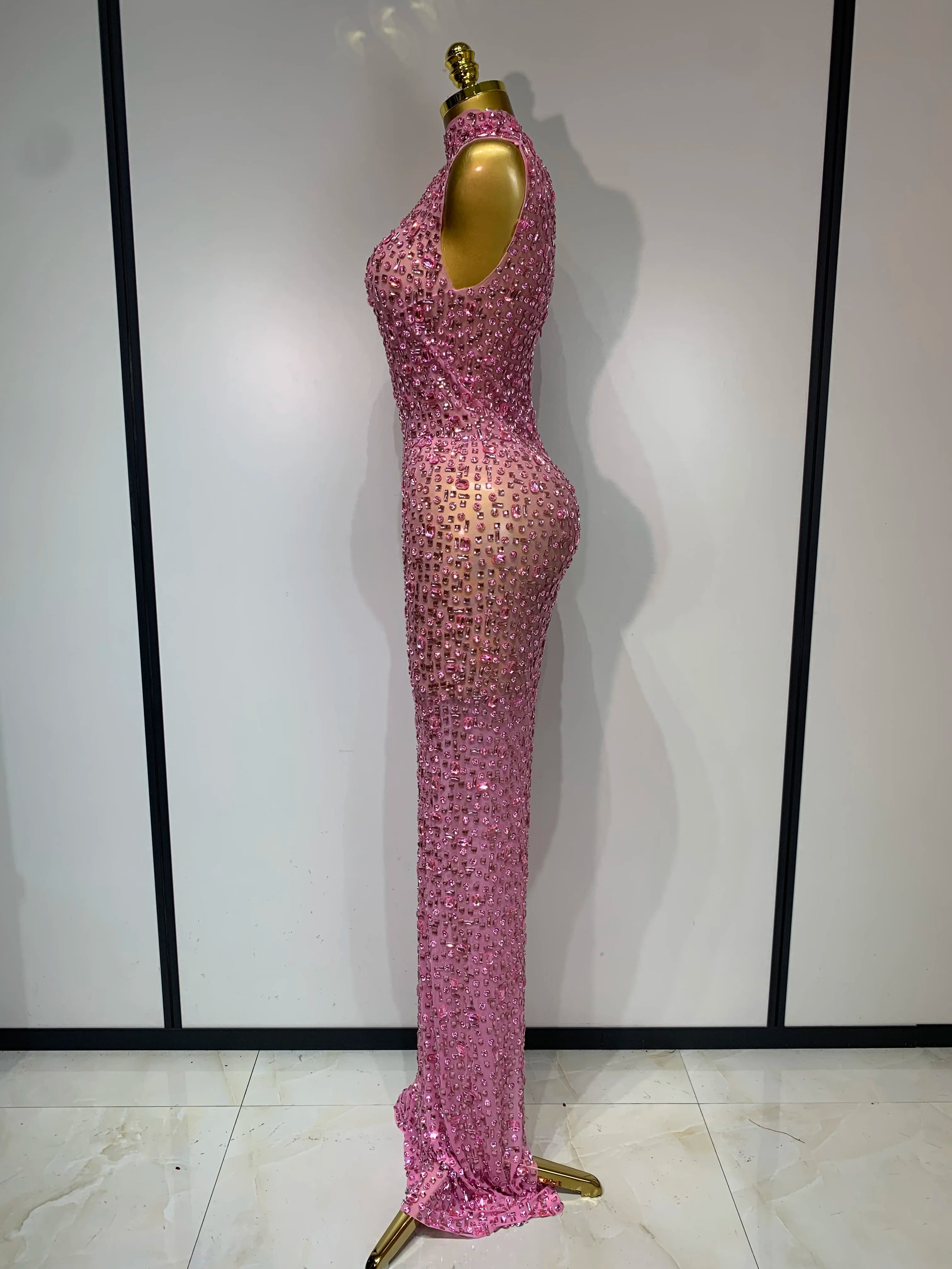 Sparkly Rhinestone Sleeveless Maxi Long Dress Sexy Mesh See Through Luxury Birthday Dress Evening Party Singer Stage Outfit