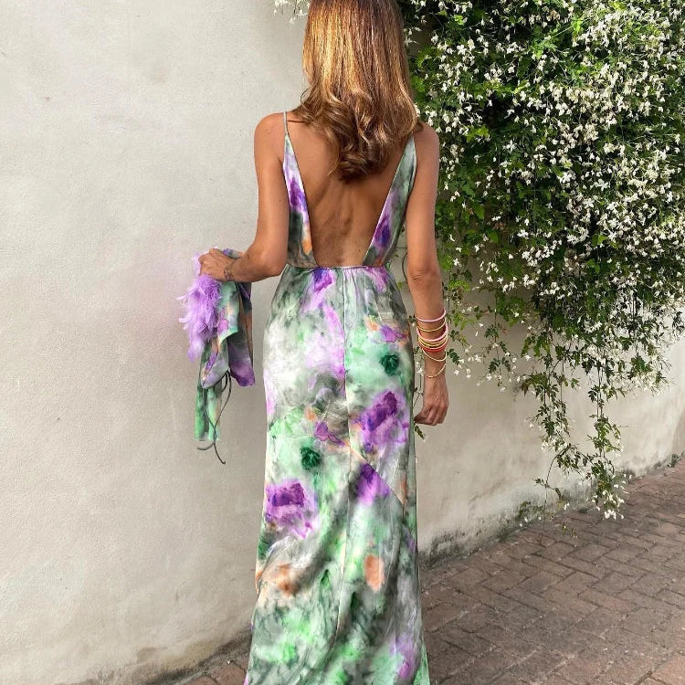 Women's Detachable Sleeves Beach Maxi Dress Sexy Backless Tie Dye Sling Dress Summer Ladies High Waist Long Robes