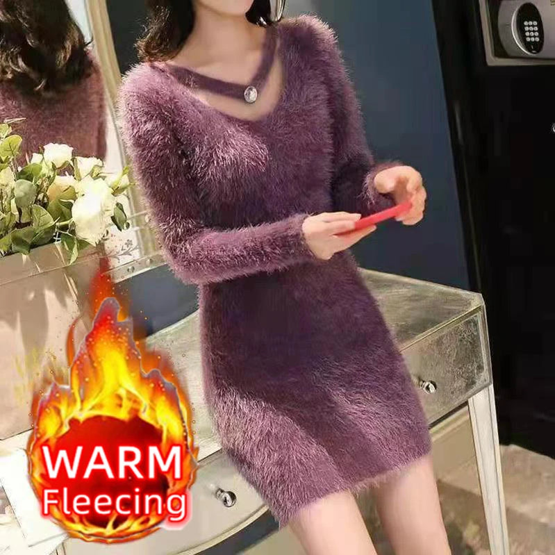 Winter Imitate Mink Wool Hot Fleecing Female Casual Sweater O-neck Long Puff Pink Solid Women Knitted Tops Elastic Pullovers Thick-Purple One Size