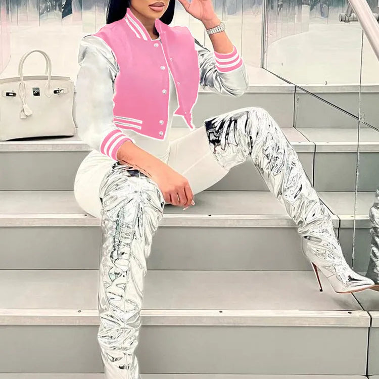 Weird Puss Fluffy Letter Short Jacket Varsity Women Hipster Leather Sleeve Patchwork Y2K Baseball Casual Wild Streetcoat Outwear Pink