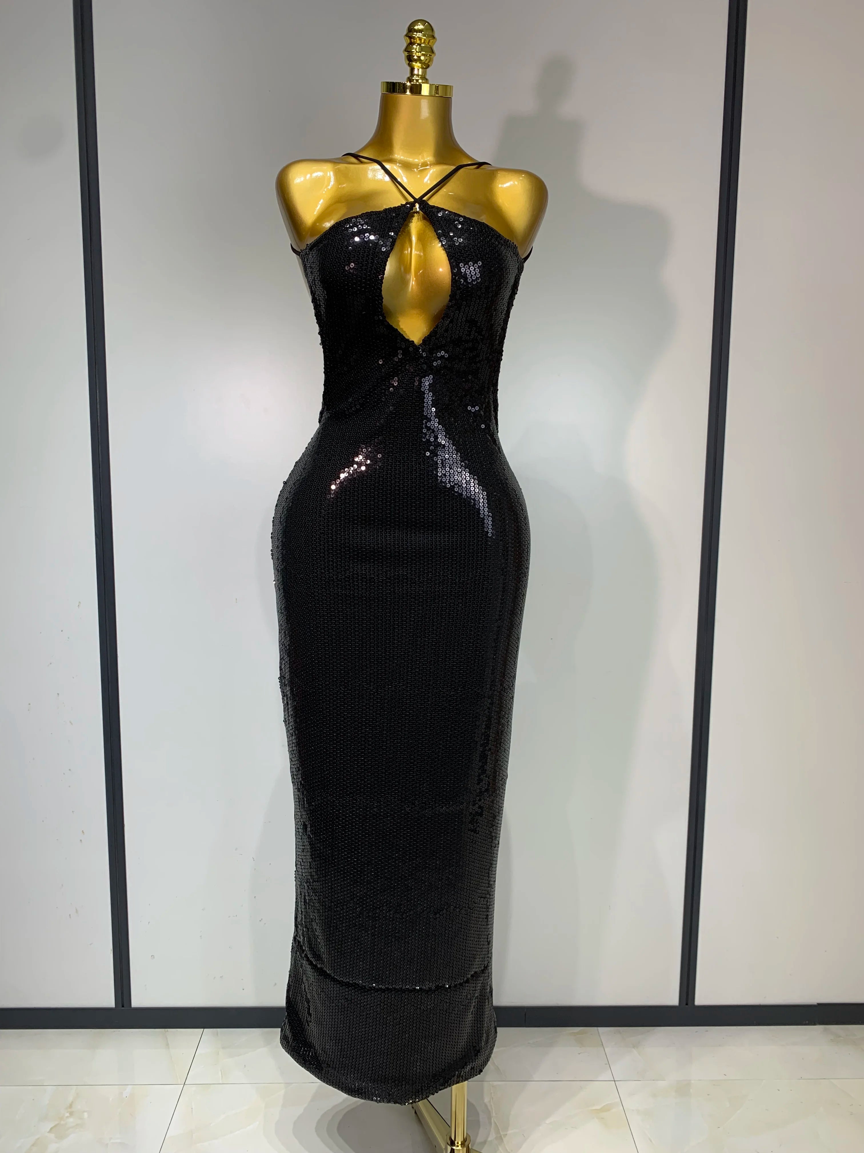 Luxury Sexy Backless Halter Gold Glitter Sequins Maxi Long Dress Elegant Sparkly Evening Party Club Dress Wedding Guest Gown