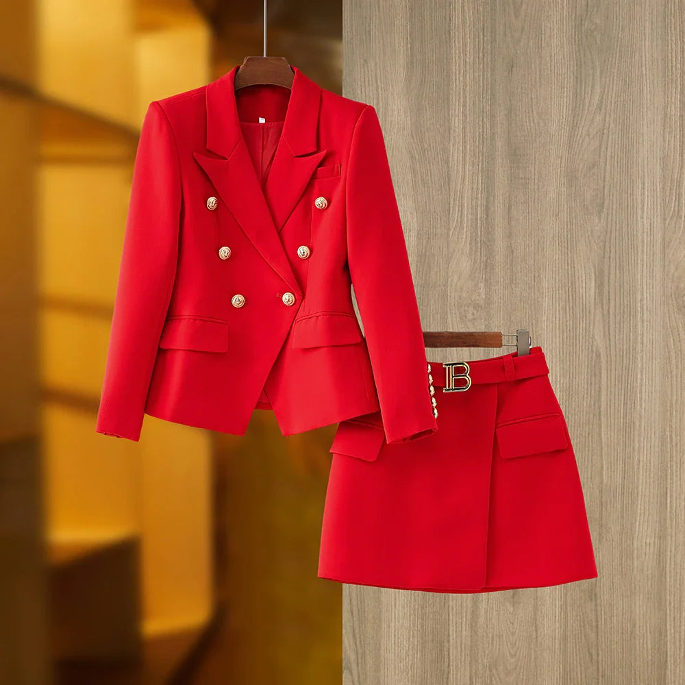 Wow Amazing Elegant Lady Stunning Blazer 2PCS Sets Red Mini Skirt With Blet Work Wear Women Luxury Suit Red