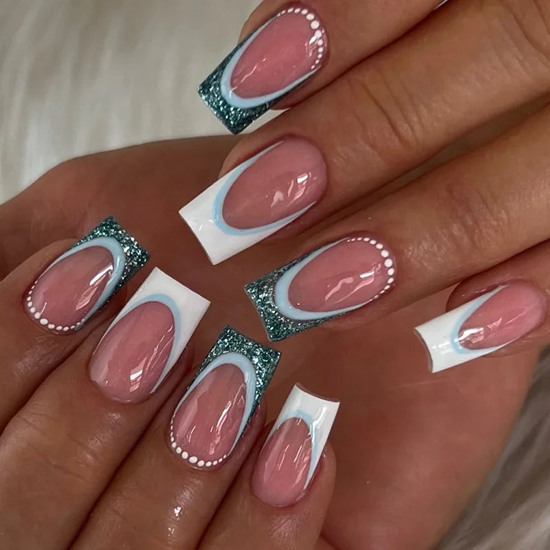 24pcs/set short medium fake nails shinny sparkling glitter square ballet nail tips starry star cat eyes press on false nail art