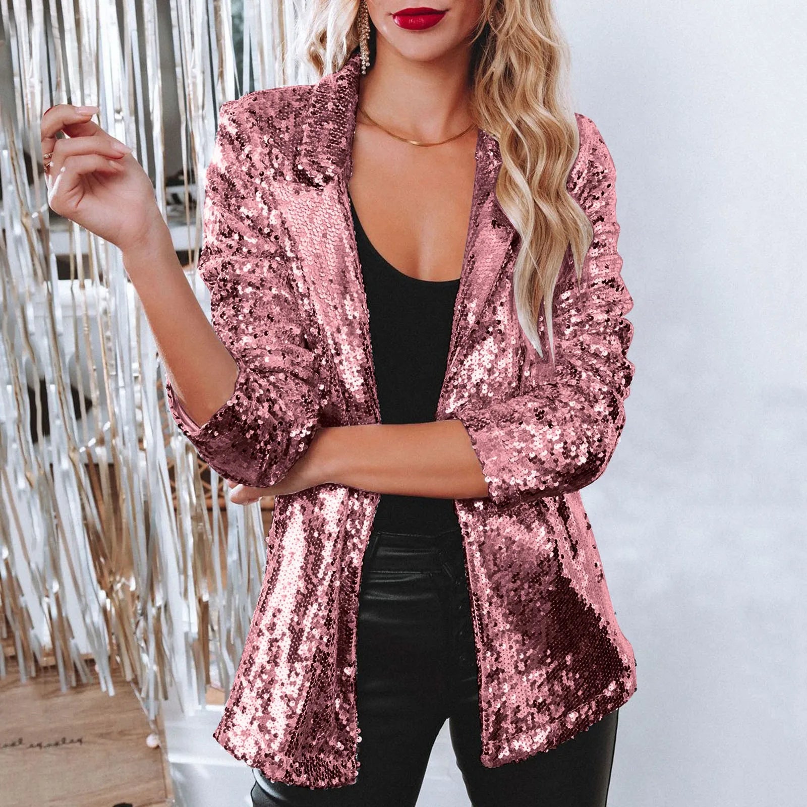 Winter Jacket Women Plus Size Women Sequins Sequin Jacket Casual Long Sleeve Glitter Party Real Leather Winter Coats For Women Hot Pink