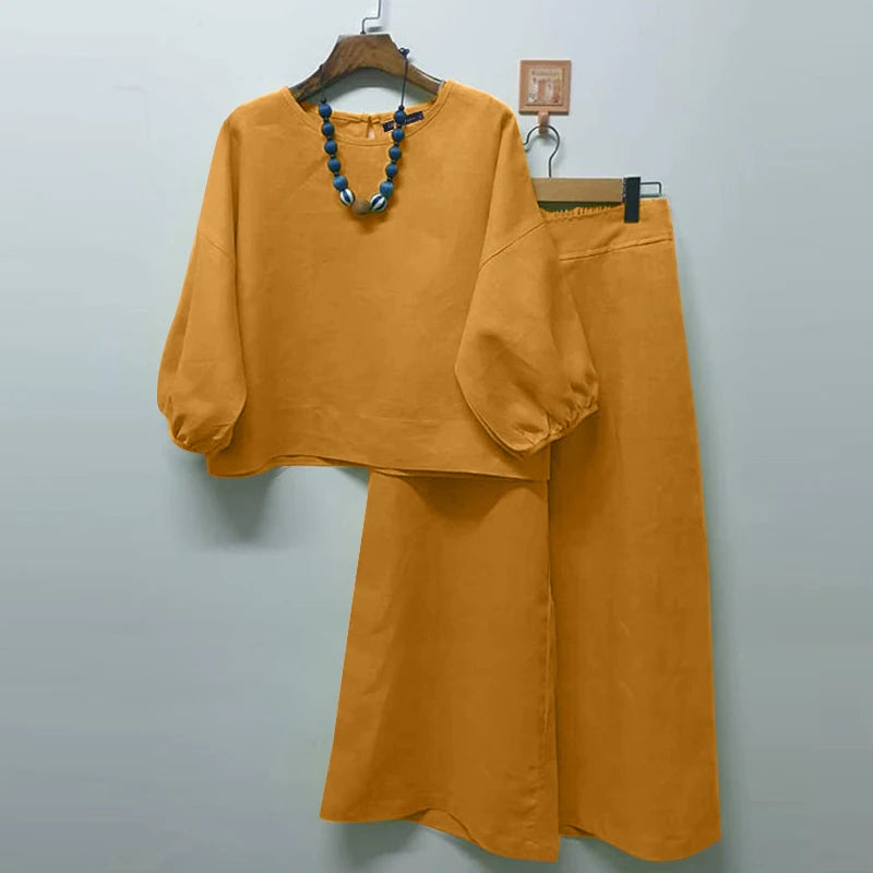 Summer Matching Sets 2PCS Women Urban Tracksuits 3/4 Sleeve O Neck Blouse & Wide Leg Pant Sets Holiday Suit Outfits Yellow