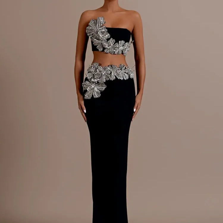 Conjunto feminino sexy sem alças com flor diamantes cristal preto maxi saia longa bandagem malha elegante roupa de festa para clube à noite