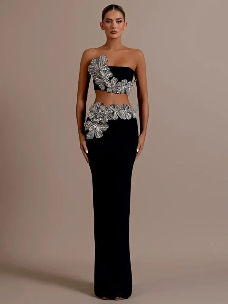 Conjunto feminino sexy sem alças com flor diamantes cristal preto maxi saia longa bandagem malha elegante roupa de festa para clube à noite