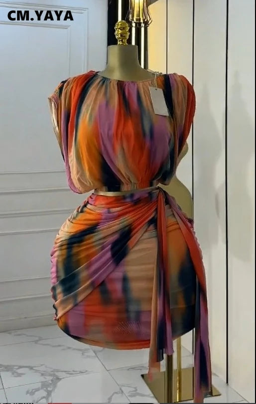 CM.YAYA Tie Dye Printed Women's Set Ruched Short Sleeve T-Shirt Tops and Stacked Mini Skirts Suit 2025 Two 2 Piece Sets Outfit