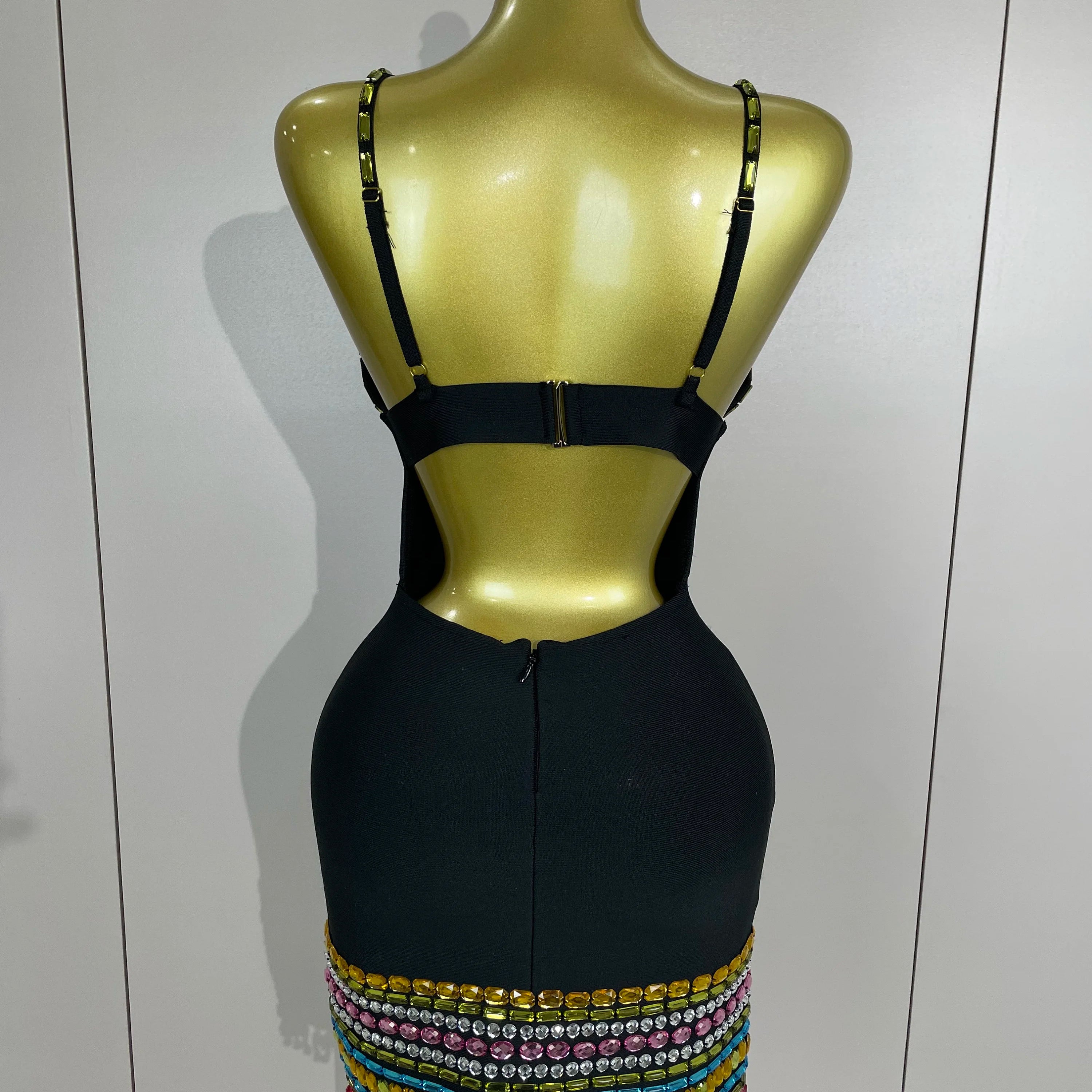 Vestido bandage preto colado ao corpo com diamantes brilhantes e coloridos 2025, elegante para festa noturna em boate, vestidos de aniversário luxuosos