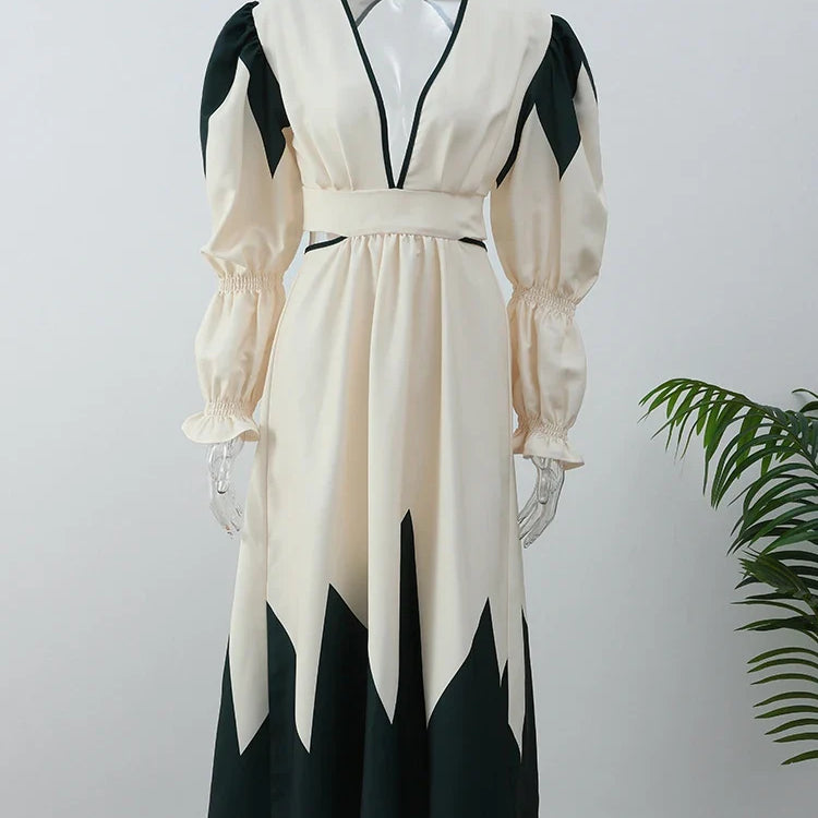 Lady Elegant V-neck Printed Maxi Dress Casual Back Hollow Out Lace Up Lantern Sleeve Robe Women Chic High Street Vestidos