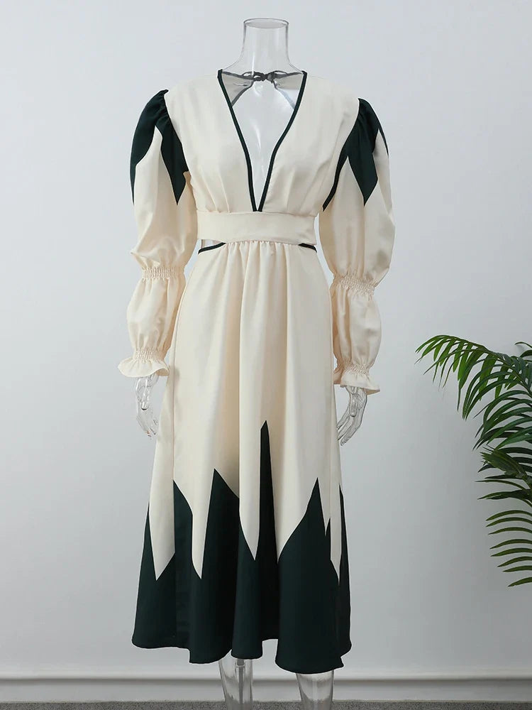 Lady Elegant V-neck Printed Maxi Dress Casual Back Hollow Out Lace Up Lantern Sleeve Robe Women Chic High Street Vestidos