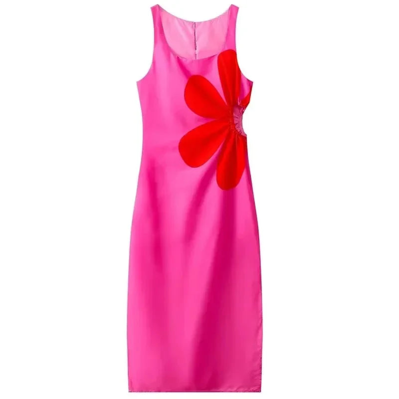 TRAF Women Dresses Spring Summer Midi Print Dress Ruffled Sleeveless Floral Cut-Out Dress Party Dress Women Elegant Luxury Rose Red