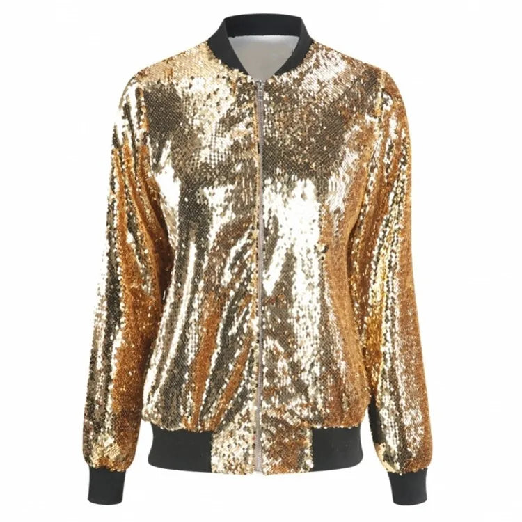 Spring Autumn Women Sequin Coat Green Bomber Jacket Long Sleeve Zipper Streetwear Tunic Loose Casual Basic Lady Outwear Gold