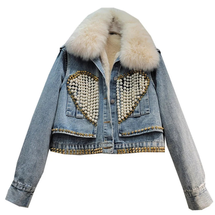 Women's Denim Coat Fox Collar Heart Beading Embroidered Flares Rivet Plush Thick Jackets Winter New Fashion