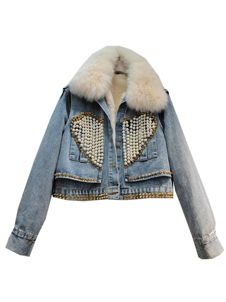Women's Denim Coat Fox Collar Heart Beading Embroidered Flares Rivet Plush Thick Jackets Winter New Fashion