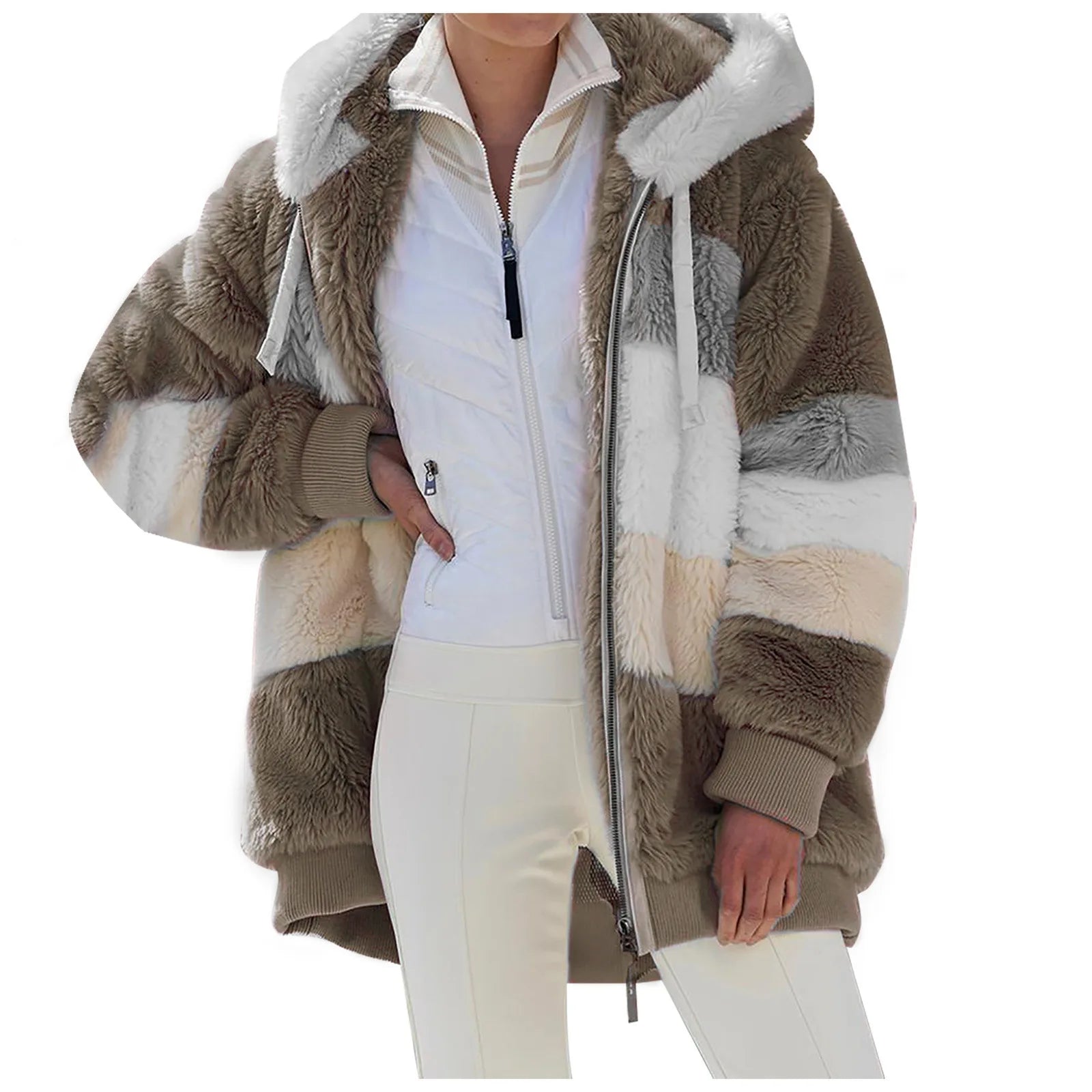 Autumn/Winter Warm Plush Panel Zip Pocket Hooded Loose Coat Women Khaki