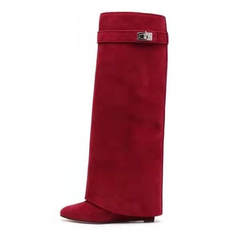 Shark Lock Women Boots Brand Design Genuine Leather Slip-on Knee High Boots For Woman Motorcycle Botas Mujer Fashion Wedge Shoes