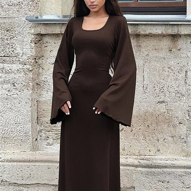 Tossy Scoop Neck Lace-Up Ribbed Maxi Dress Female Long Sleeve Fashion Slim Loose Bandage Dress Autumn 2024 Solid Women Dress New