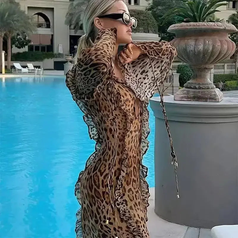 Leopard Ruffle Split Dress Women Spring Summer Sexy Lace Up V Neck Long Sleeve Bodycon Maxi Dresses Female Party Club Vestidos