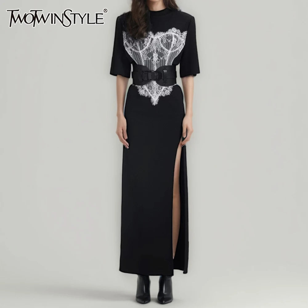 TWOTWINSTYLE Hit Color Slimming Spliced Lace Dresses for Women Round Neck Half Sleeve Split Temperament Dress Female Fashion New