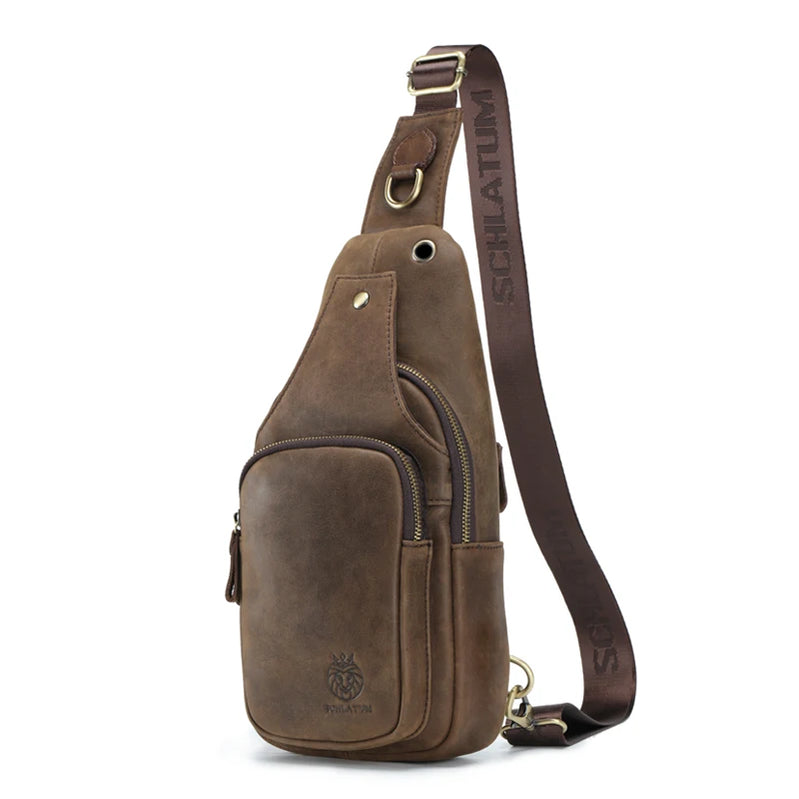 Chest Bag Leather Casual Triangle Crossbody Design Travel Shoulder Backpack Men Leather Multifunctional Bag Coffee-8521