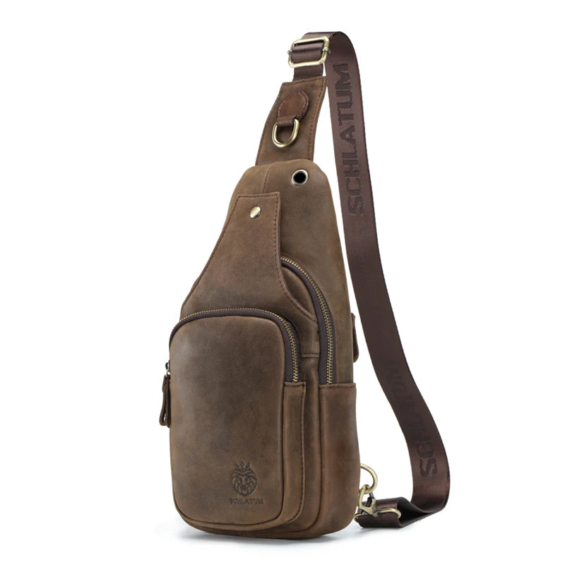 Chest Bag Leather Casual Triangle Crossbody Design Travel Shoulder Backpack Men Leather Multifunctional Bag Coffee-8521