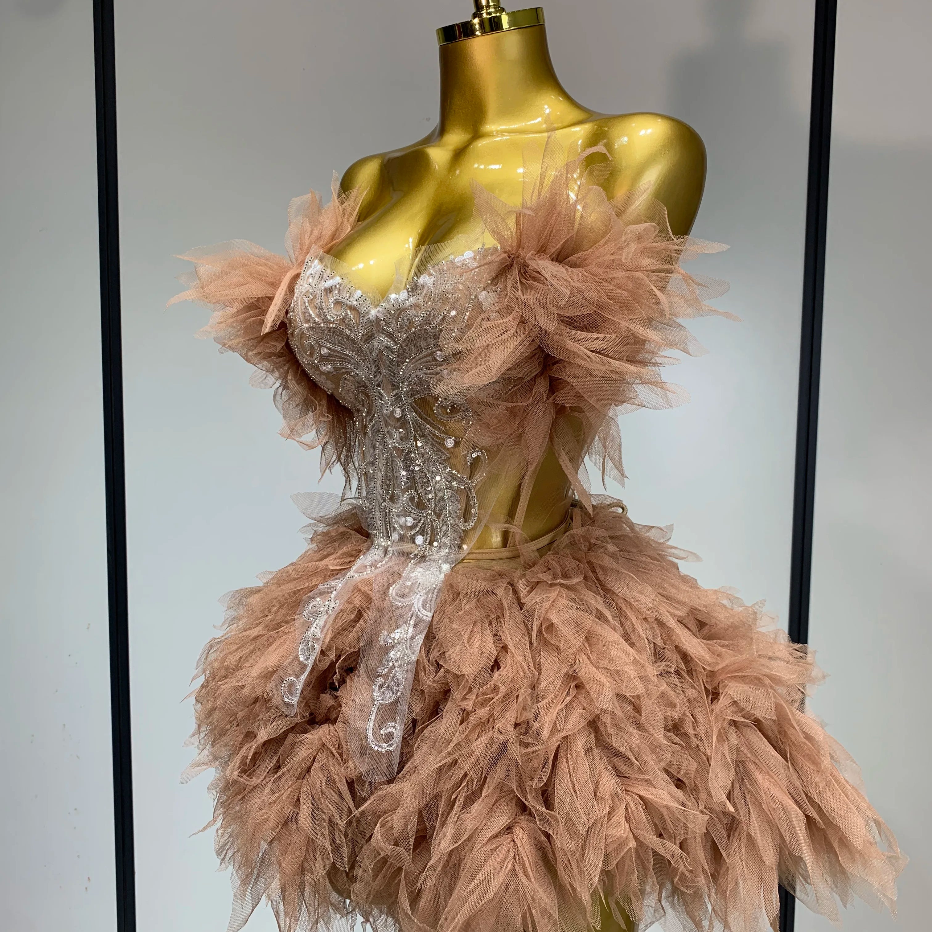 Women Sexy Strapless Two Pieces Set Prom Gown Mini Dress Celebrate Nightclub Party Performance Costume Singer Stage Wear