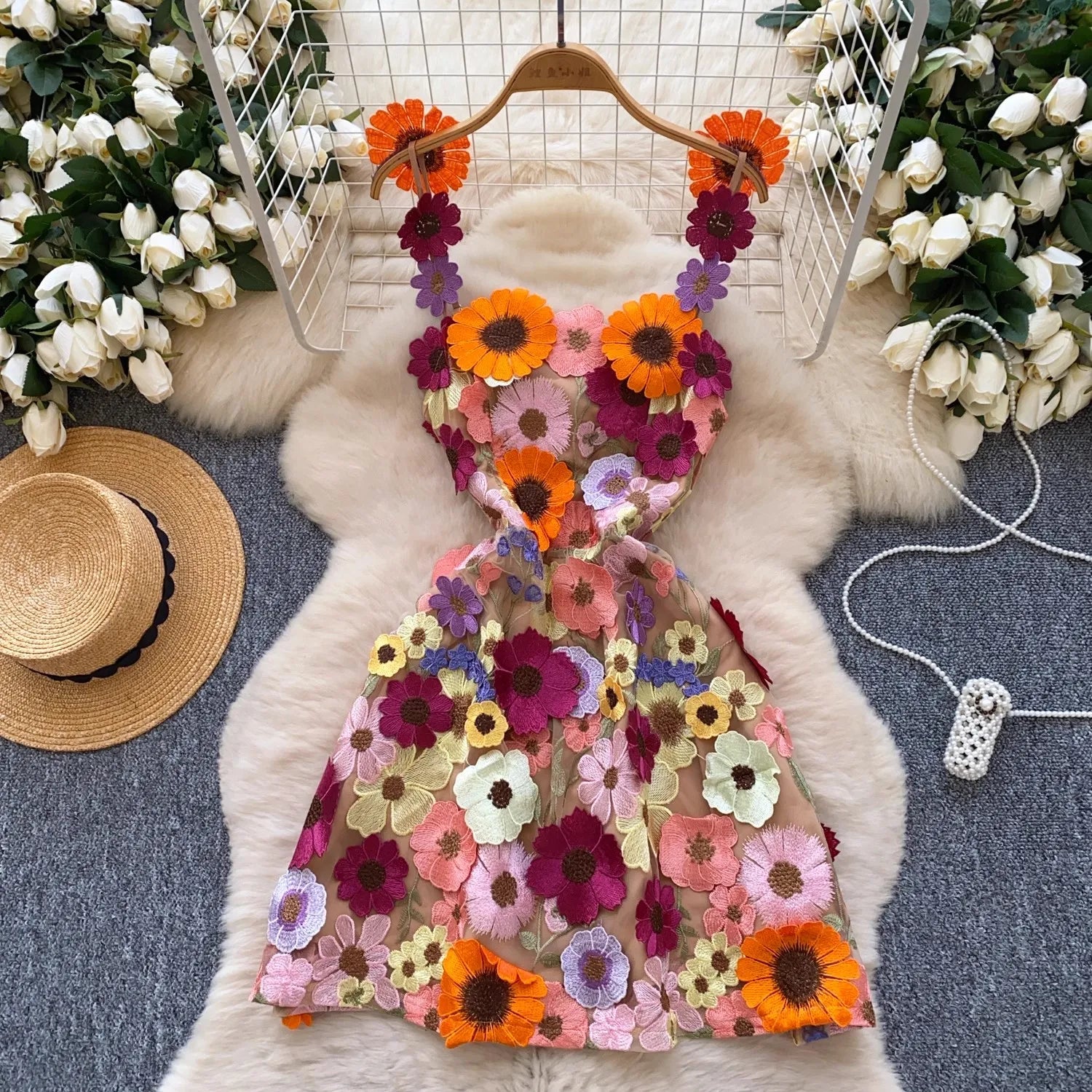 Summer Holiday Hollow Out Flower Embroidery Dress Women's Square Collar Sleeveless Mesh Flower Bohemain MIni Robe Vestidos