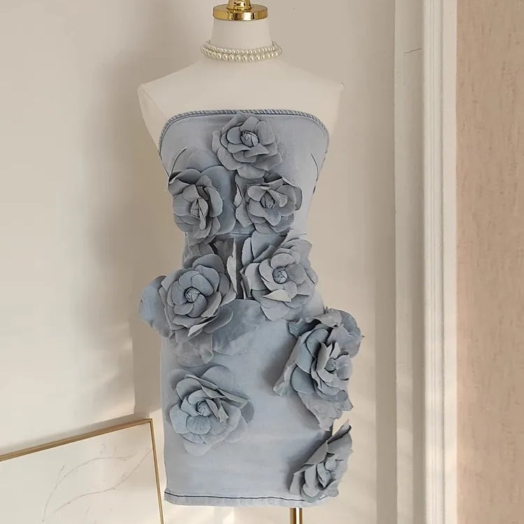 French Elegant Solid 3D Appliques Flower Patchwork Slimming Dress For Women Slash Neck Sleeveless Tunic Vestidos Female Clothing