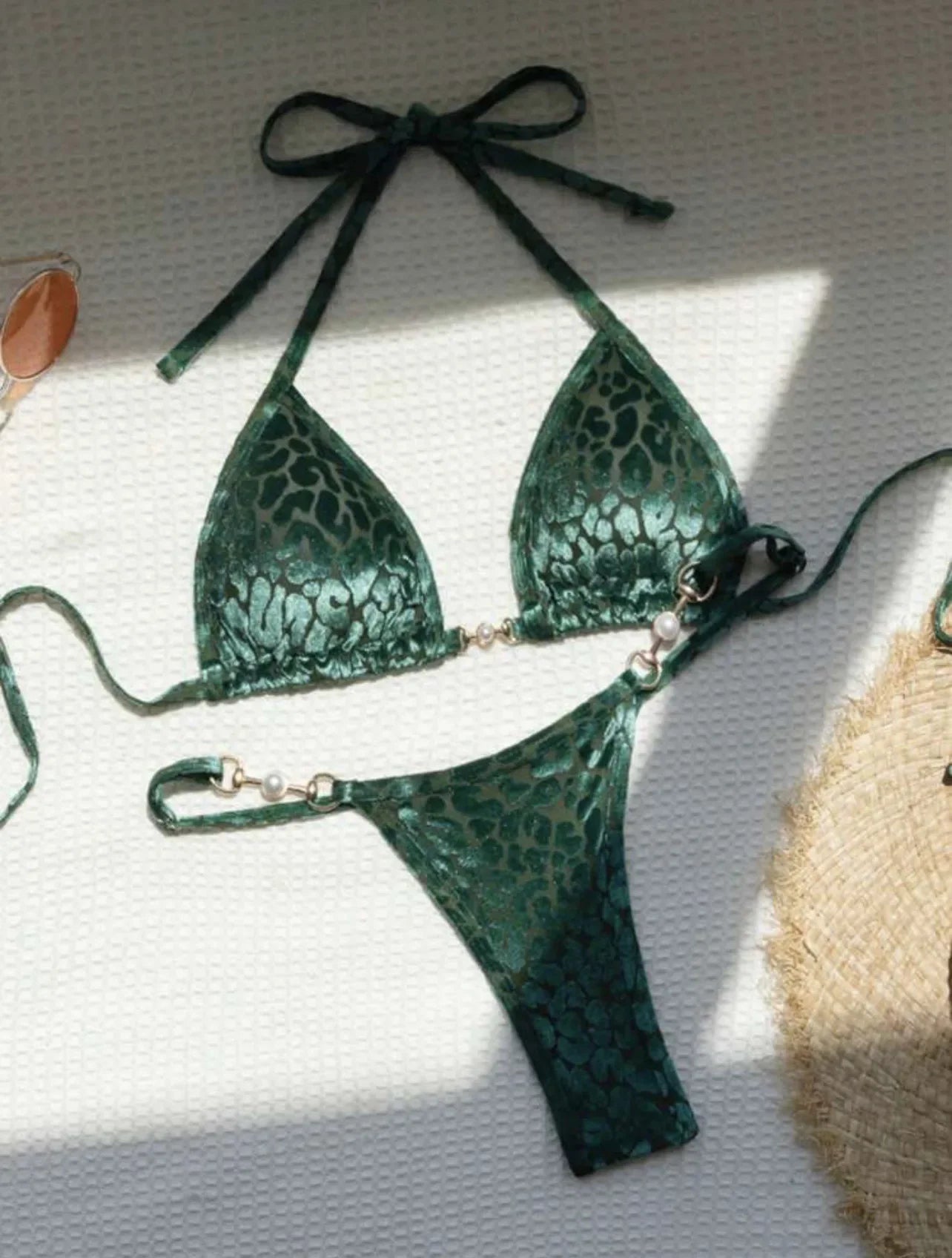 Sexy Leopard Print Glossy Bikini Women's 2-piece Thong Swimwear Suspender Lace-up Low Waist Backless Bathing Suit Beachwear