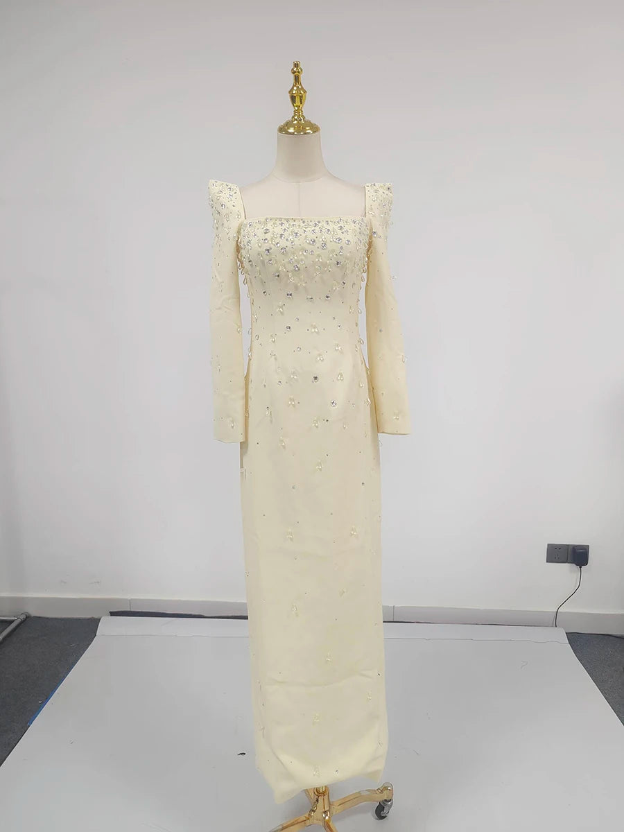 TWOTWINSTYLE Solid Slimming Spliced Bead Luxurious Midi Dresses for Women Square Neck Long Sleeves Split Elegant Dress Female