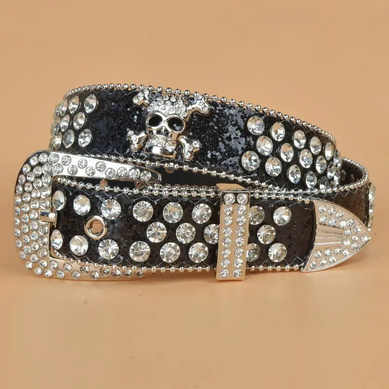 Halloween Belt Ladies Skull Rhinestone Belts European and American Style Women Stretching Denim Outdoor Style Belt black