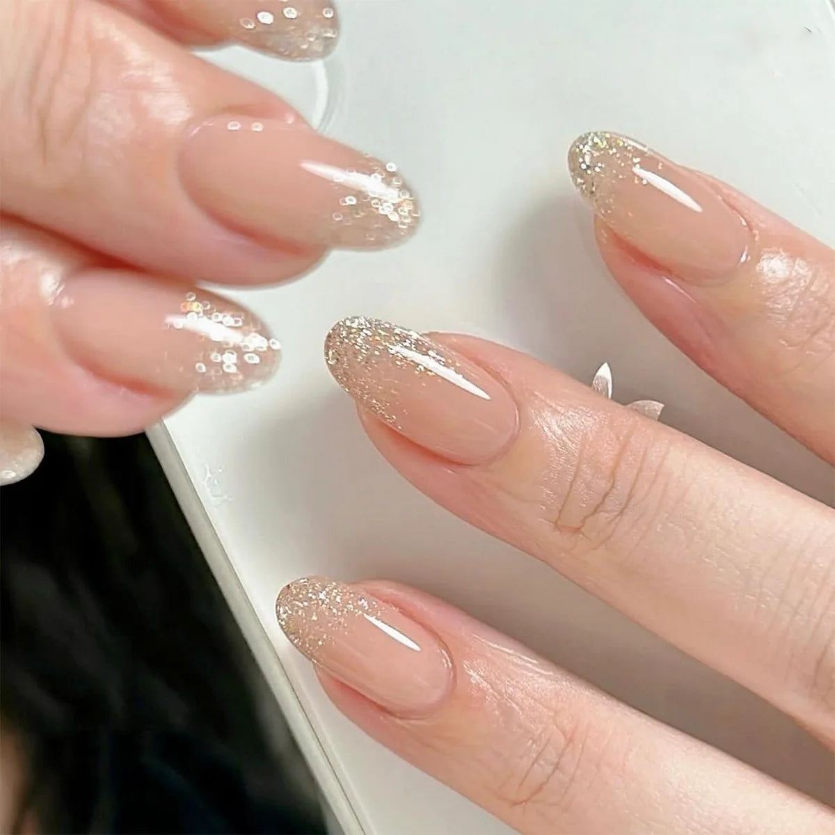 24Pcs Solid Nude Color Fake Nails with Jelly Glue Short Almond Press on False Nails Wearable Oval Finished Full Cover Nail Tips