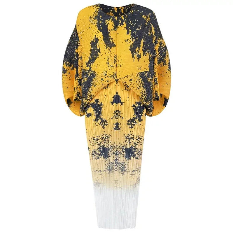 Spring Print Pleated Skirt/Holiday Party Temperament Loose Bat S Sleeve Dress Factory Spot Yellow One Size