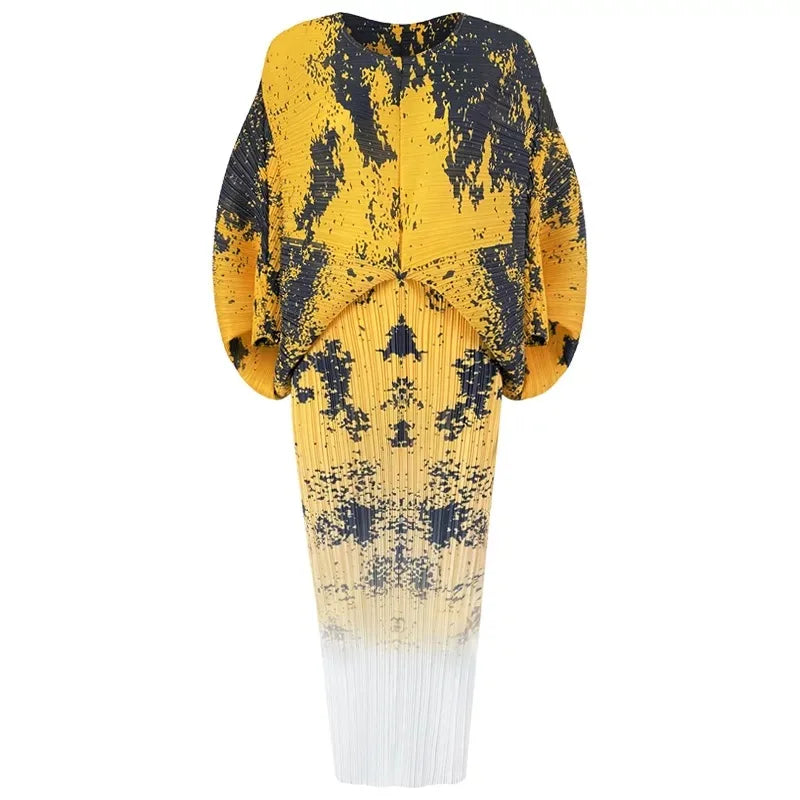 Spring Print Pleated Skirt/Holiday Party Temperament Loose Bat S Sleeve Dress Factory Spot Yellow One Size