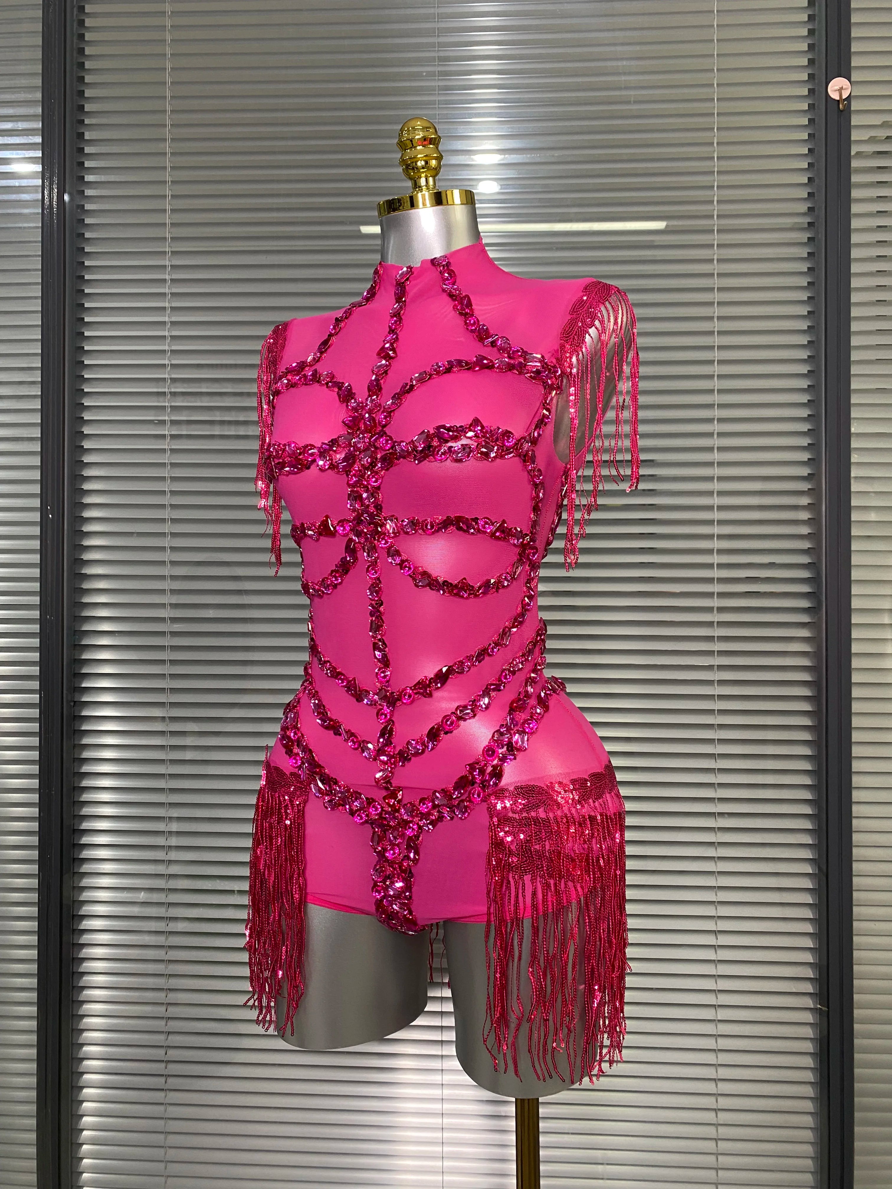 Women Sexy Tassel Crystal Diamonds Stretchy Night Club See Through Singer Dancer Stage Costume Hot Pink Party Bodysuit