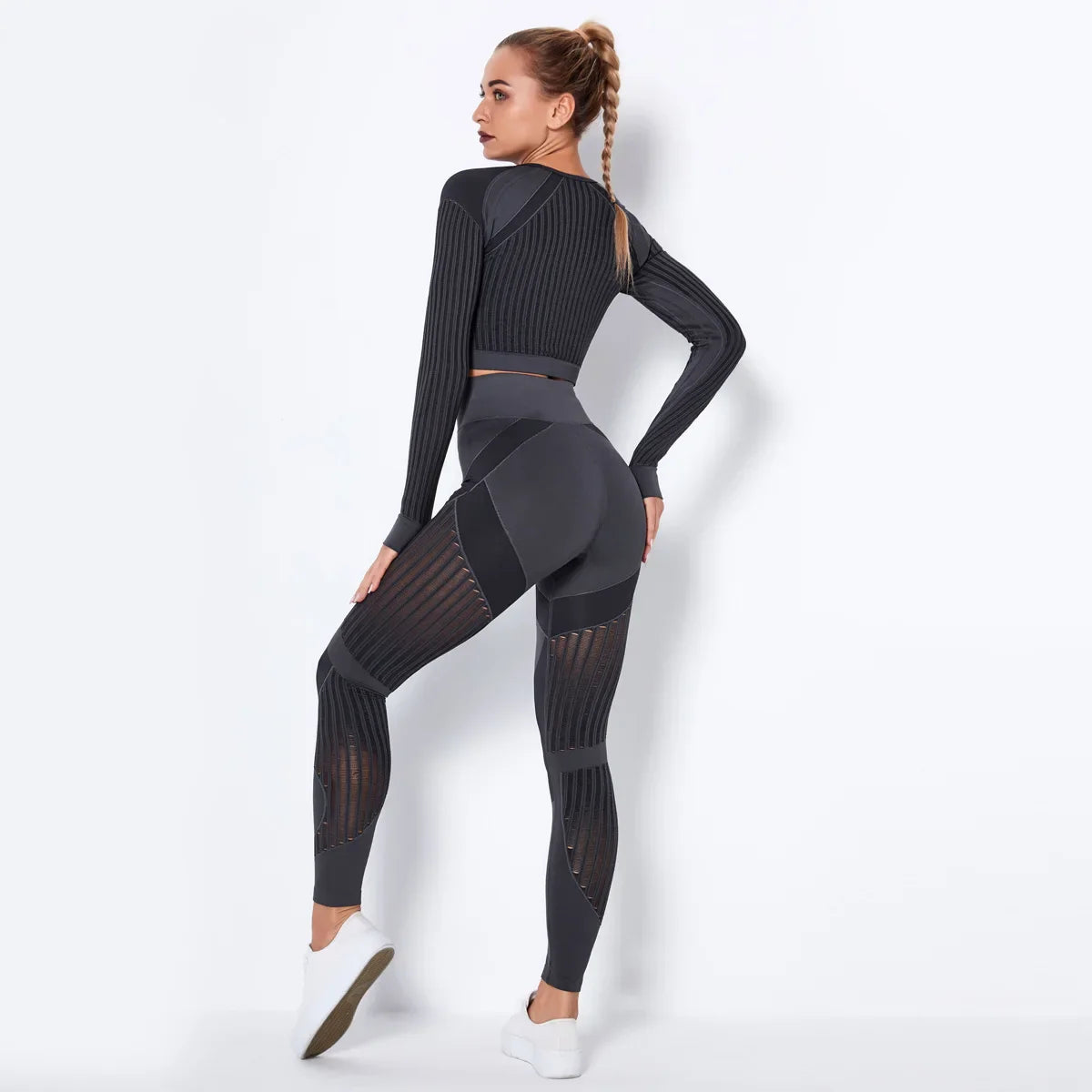 Xlwsbcr Hollow Out Seamless Yoga Set Sport Outfits Women Black Crop Top Bra Leggings Workout Gym Suit Fitness Sport Sets Dark grey suit