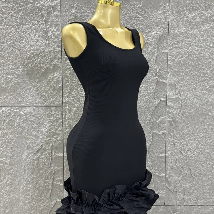 High Quality Women Sleeveless Sexy O-Neck Ruffles Bodycon Mini Bandage Dress Celebrate Nightclub Party Bar Singer Outfit