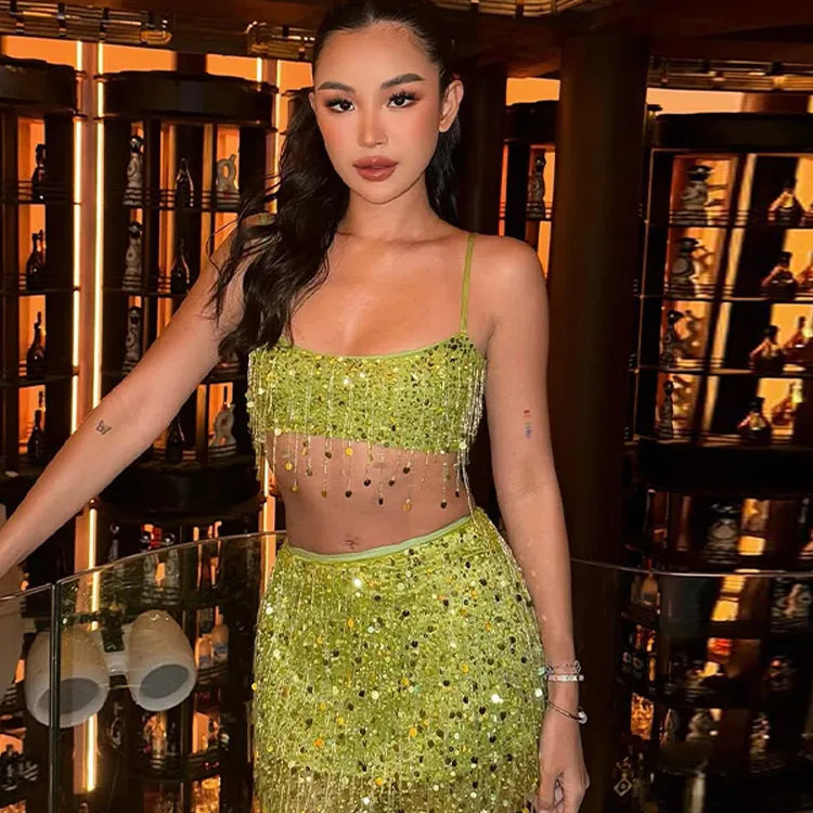 Y2K Tassel Sequin Mini Skirt Sets Women Crop Backless Sling Vest Short Hip Package A-line Skirts 2025 Summer Party Club Outfits