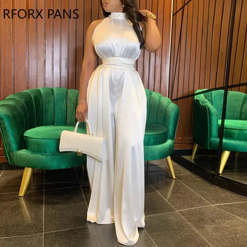2023 Women Elegant Solid Halter Sleeveless Maxi Formal Party Sexy Satin White Dress WHITE