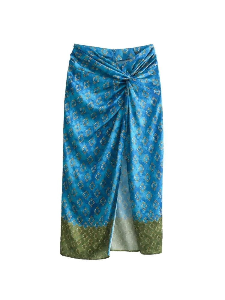 Aonibeier Thin Satin Printed Patchwork Women Long Skirt Traf Summer Zipper High Waist Slit Front Female Maxi Skirt Y2K Beachwear 1