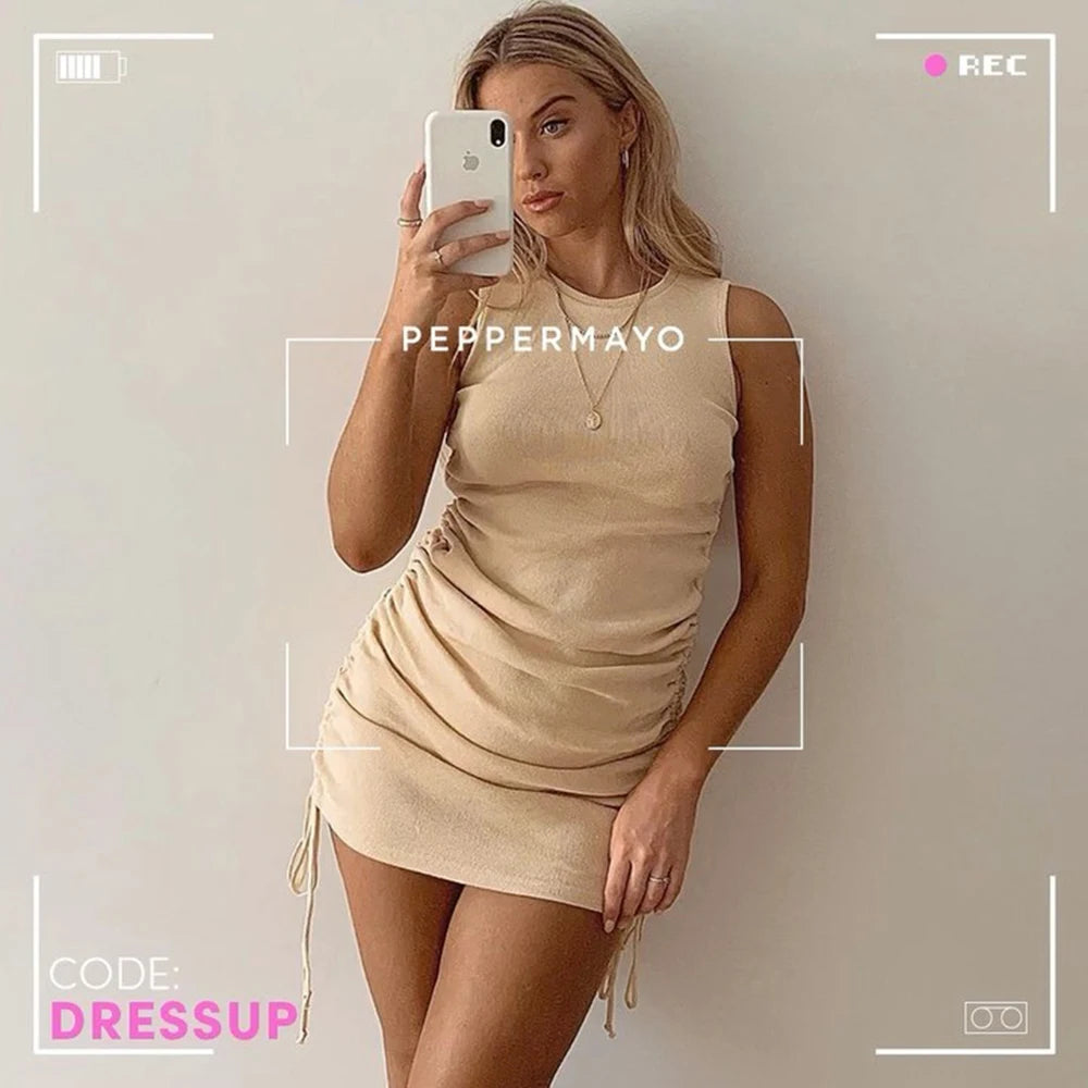 Women Ribbed Elastic Mini Dress Ruched Drawstring Adjustable Length Vestidos Sexy Party O-Neck Summer Bodycon Club Wear Khaki