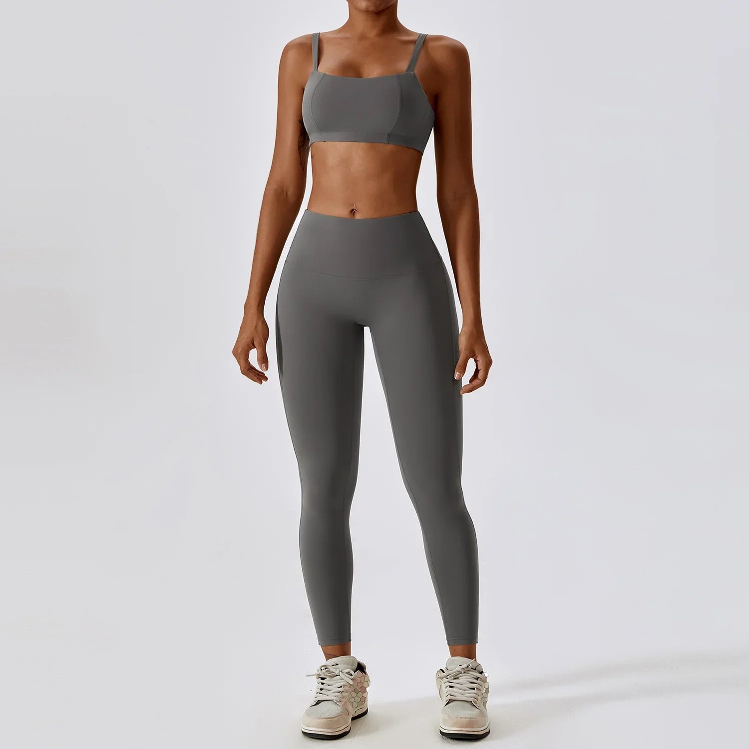 2PCS Yoga Set Nude Feeling Workout Sets Women Tracksuit Gym Push Up Fitness Running Workout Sportwear Sport Bra Leggings Suit Yuanshan Grey Set-2 CHINA