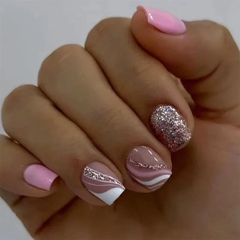 24 peças unhas curtas retrô com design de flores, arte para manicure, unhas postiças rosa, unhas postiças quadradas vestíveis, pontas de unhas com cobertura total